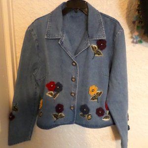 Christopher & Banks Flower Embellished Jean Jacket Sz L